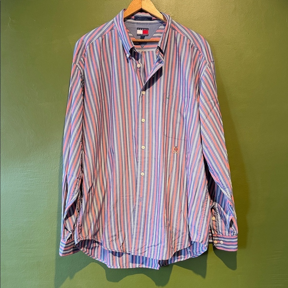 Vintage Tommy Hilfiger Men's Blue and Red Striped Shirt